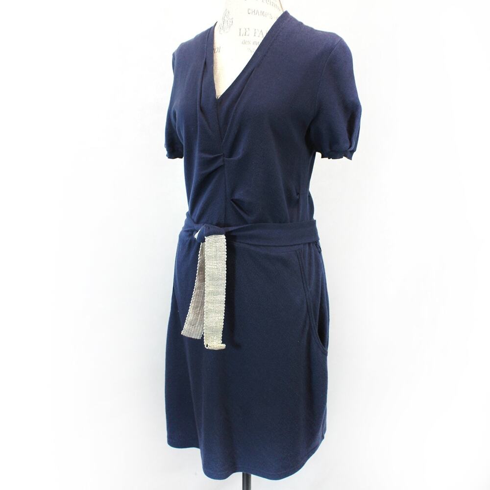 Rivamonti Vtg Italy Navy Knit A-Line Dress Tie Waist V-Neck Pocket Casual Warm L